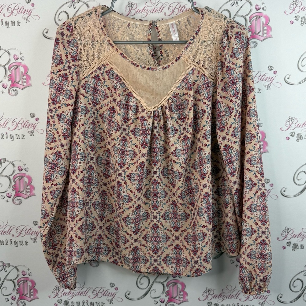 Xhilaration long sleeve lace, paisley, blue Beige and Red Patterned Blouse